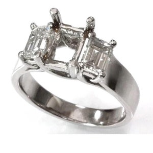 1.5 ctw Natural Diamond Semi Mount Engagement Ring / Solid 14k 18k Gold/ 3 Stone Proposal Ring/ Rectangle Ring Setting for Emerald Cut Stone