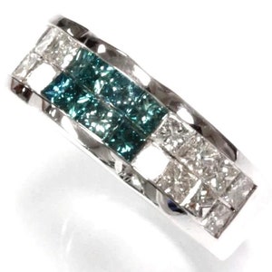 1.7 ctw Natural Blue & White Princess Cut Diamond Wedding Ring / Solid 14k 18k Gold / Stackable Ring 7 MM / 2 Row Invisible Anniversary Band
