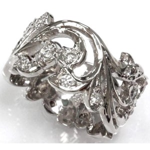 0.55 ctw Natural Diamond Flower Stackable Ring / Wide Full Eternity Leaf Band 11 MM / Solid 14k 18k Gold / Paisley Filigree Anniversary Ring