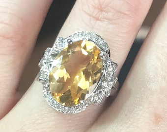 6.2 ctw Natural Yellow Citrine & Diamond Bow Cocktail Ring / Big Oval Cut Citrine Statement Ring / Solid 14k 18k Gold / November Birthstone