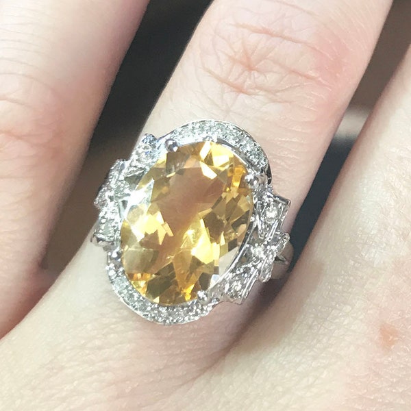 6.2 ctw Natural Yellow Citrine & Diamond Bow Cocktail Ring / Big Oval Cut Citrine Statement Ring / Solid 14k 18k Gold / November Birthstone