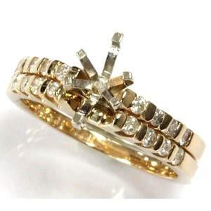 0.35 ctw Natural Diamond Semi Mount Engagement Ring & Band / 2 Piece Wedding Ring Set / Solid 14k 18k Gold / Ring Setting for Any Cut Stone