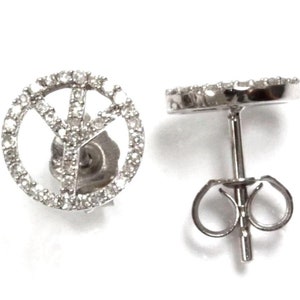 Aros tipo botón con forma de paz de diamantes naturales de 0,3 ct (G-H, SI) / Oro macizo de 14 k y 18 k / Pequeños aros redondos de 10 mm / Aros tipo botón con engaste pavé / Regalo de cumpleaños