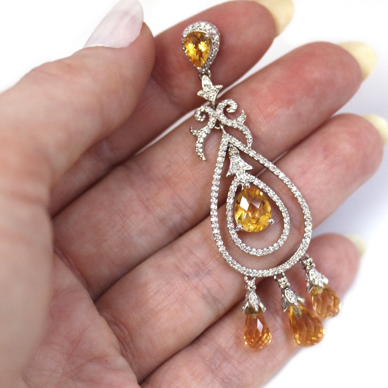 One-of-a-Kind 5 ctw Natural Yellow Citrine & Diamond Pendant / Very Long Dangling Pendant 68 MM / Solid 14k White Gold / November Birthstone image 1