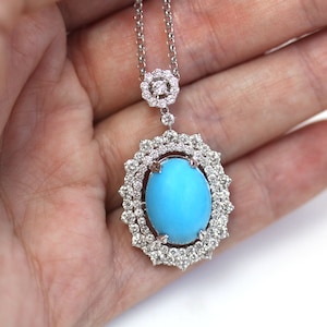 7.5 ctw Natural Blue Turquoise & Diamond Pendant Necklace / Solid 14k 18k Gold / Double Halo Pendant 38MM/ Gift for Her/ December Birthstone