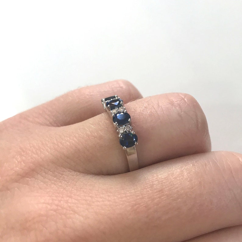 1 ctw Natural Blue Sapphire & Diamond Band Ring / Solid 14k 18k Gold / Oval Cut 4 Sapphire Anniversary Ring 4 MM / September Birthstone image 3