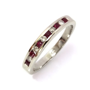 0.35 ctw Natural Red Ruby & Diamond Ring / Channel Wedding Band 3 MM / Solid 14k 18k Gold / Alternating Stackable Ring / July Birthstone