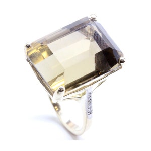 23 ct tw Natural Brown Emerald Cut Smoky Quartz & Diamond Gold Cocktail Ring | Big Stone | 14k 18k White Yellow Rose Gold Available
