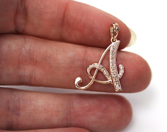 Solid 14k Gold Letter A Pendant / Initial Pendant / 0.1 ctw Natural Diamond Pendant / Personalized Jewelry / 24 MM Charm / Birthday Gift