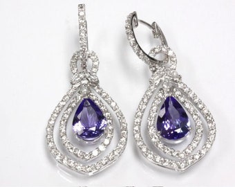 6 ctw Natural Blue Violet Tanzanite & Diamond Huggie Earrings / Long Dangle Earrings 38 mm / Solid 14k Gold / Pear Cut / December Birthstone