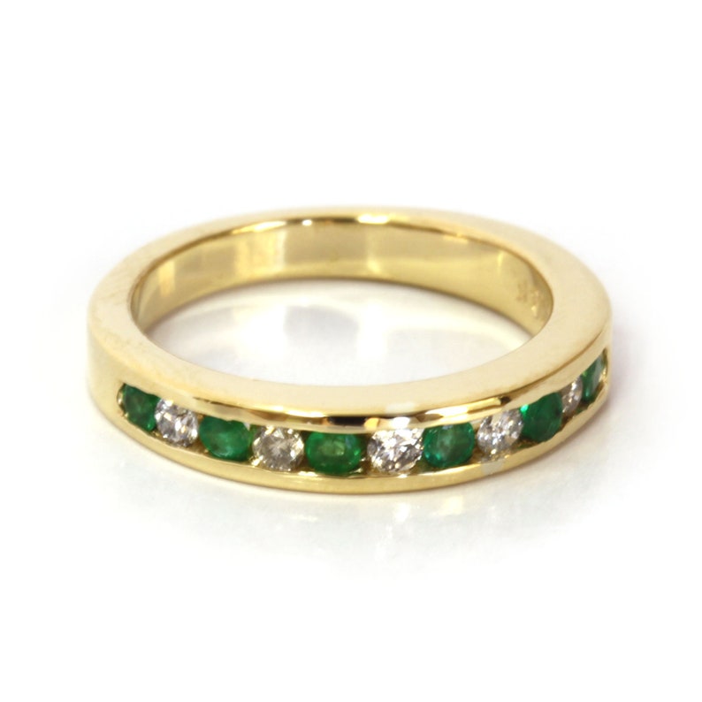 0.35 ctw Natural Green Emerald & Diamond Ring / Channel Set Wedding Band 3 MM / Solid 14k 18k Gold / Bridal Anniversary Ring/ May Birthstone image 2
