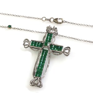 One-of-a-Kind 4.75 ctw Natural Green Princess Emerald & Diamond Cross Necklace / Solid 18k White Gold / Invisible Set Crown/ Chain 18 Inches image 2