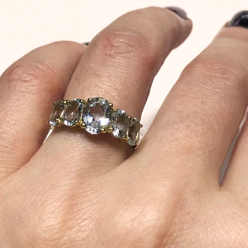 2.64 ct tw Natural Sky Blue Aquamarine Solid Gold 5 Stone Ring 14k 18k White Yellow Rose Gold Available Five Stone Engagement