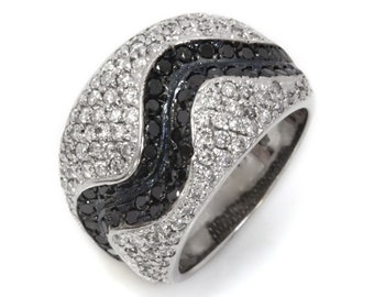 2.9 ctw Natural Black & White Diamond Statement Ring / Solid 14k 18k Gold / Wide Cocktail Ring 15MM / Pave Set Waved Ring / April Birthstone