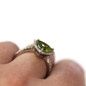 3.5 ctw Natural Green Peridot & Diamond Cocktail Ring / Halo Statement Ring / Solid 14k 18k Gold / Trillion Cut Peridot / August Birthstone image 5