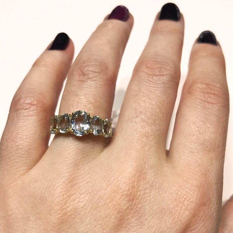 2.64 ct tw Natural Sky Blue Aquamarine Solid Gold 5 Stone Ring 14k 18k White Yellow Rose Gold Available Five Stone Engagement