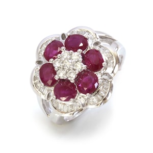 3.45 ctw Natural Red Ruby & Diamond Ring / 6 Stone Flower Ring / Solid 14k 18k Gold / Statement Ring / Split Shank Band / July Birthstone