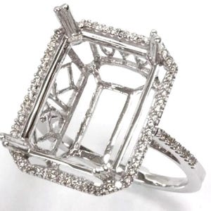 0.3 ctw Natural Diamond Semi Mount Halo Engagement Ring / Solid 14k 18k Gold/ Big Huge Rectangle Ring Setting for Emerald, Cushion Cut Stone