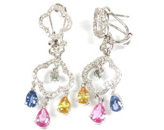 4.5 ct tw Natural Multicolor Sapphire & Diamond Solid Gold Omega Back Dangle Chandelier Earrings | 14k 18k White Yellow Rose Gold