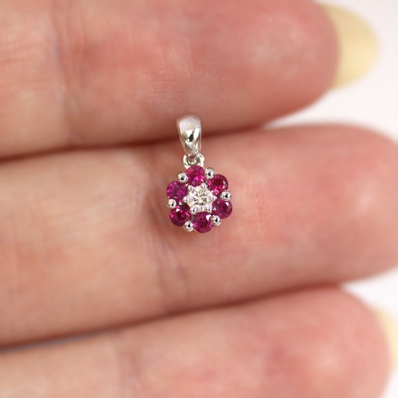 0.45 Ctw Natural Red Ruby & Diamond Flower Pendant / Tiny Drop