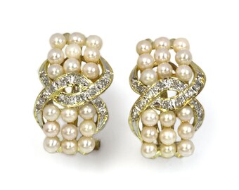 2.5 MM White Pearl & Diamond Earrings / Solid 14k 18k Gold / Omega Back CC Drop Earrings 20 MM / Mother's Day Gift / June Birthstone