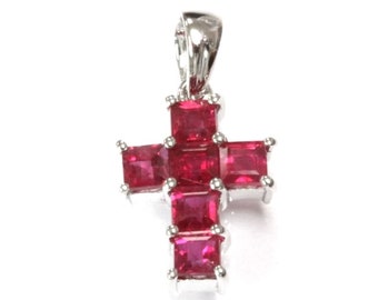 0.8 ctw Natural Red Princess Cut Ruby Cross Pendant / Solid 14k 18k Gold / Tiny Religious Pendant 18 MM / Goddaughter Gift / July Birthstone