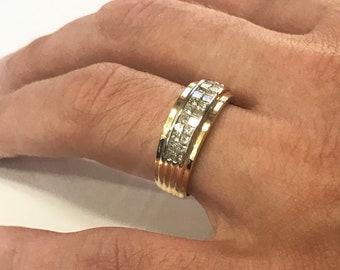 1 ctw Natural Princess Cut Diamond Wedding Ring / Solid 14k 18k Gold / 2 Row Stackable Band 7 MM / Invisible Set Diamond Anniversary Ring