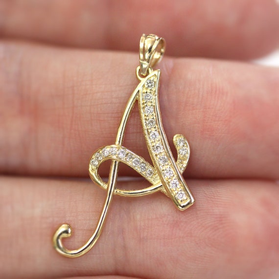 Solid 14k Gold Letter A Pendant Initial Pendant 0.2 Ctw