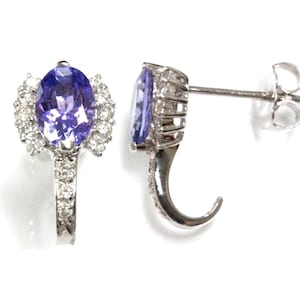2 ctw Natural Blue Violet Tanzanite & Diamond Stud Earrings / Oval Cut Stone J Post Earrings 15MM / Solid 14k 18k Gold / December Birthstone