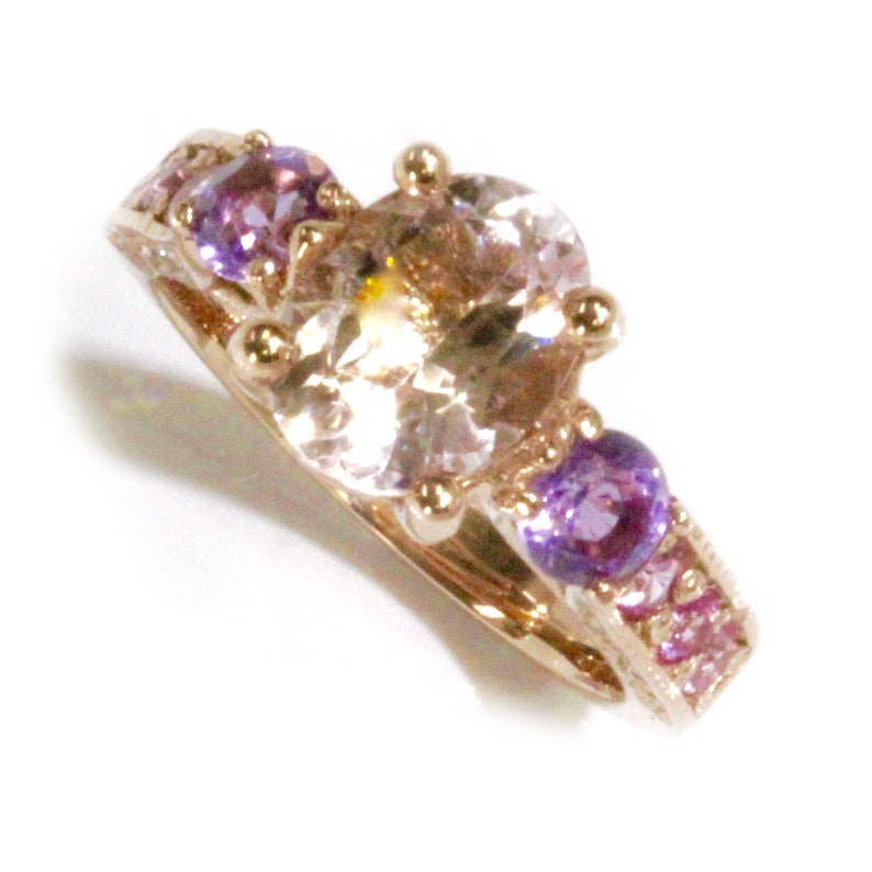 2.6 ctw Natural Morganite, Amethyst, Sapphire & Diamond Promise Ring / 3 Stone Engagement Ring / Solid 14k 18k Gold / Pastel Multistone Ring image 2