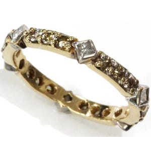 0.85 ctw Natural Champagne & White Diamond Full Eternity Ring / Solid 14k 18k Gold / Bezel Set Princess Wedding Band 3 MM / Anniversary Ring
