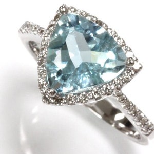2.5 ctw Natural Blue Aquamarine & Diamond Halo Engagement Ring / Trillion Cut Aquamarine Cocktail Ring/ Solid 14k 18k Gold/ March Birthstone