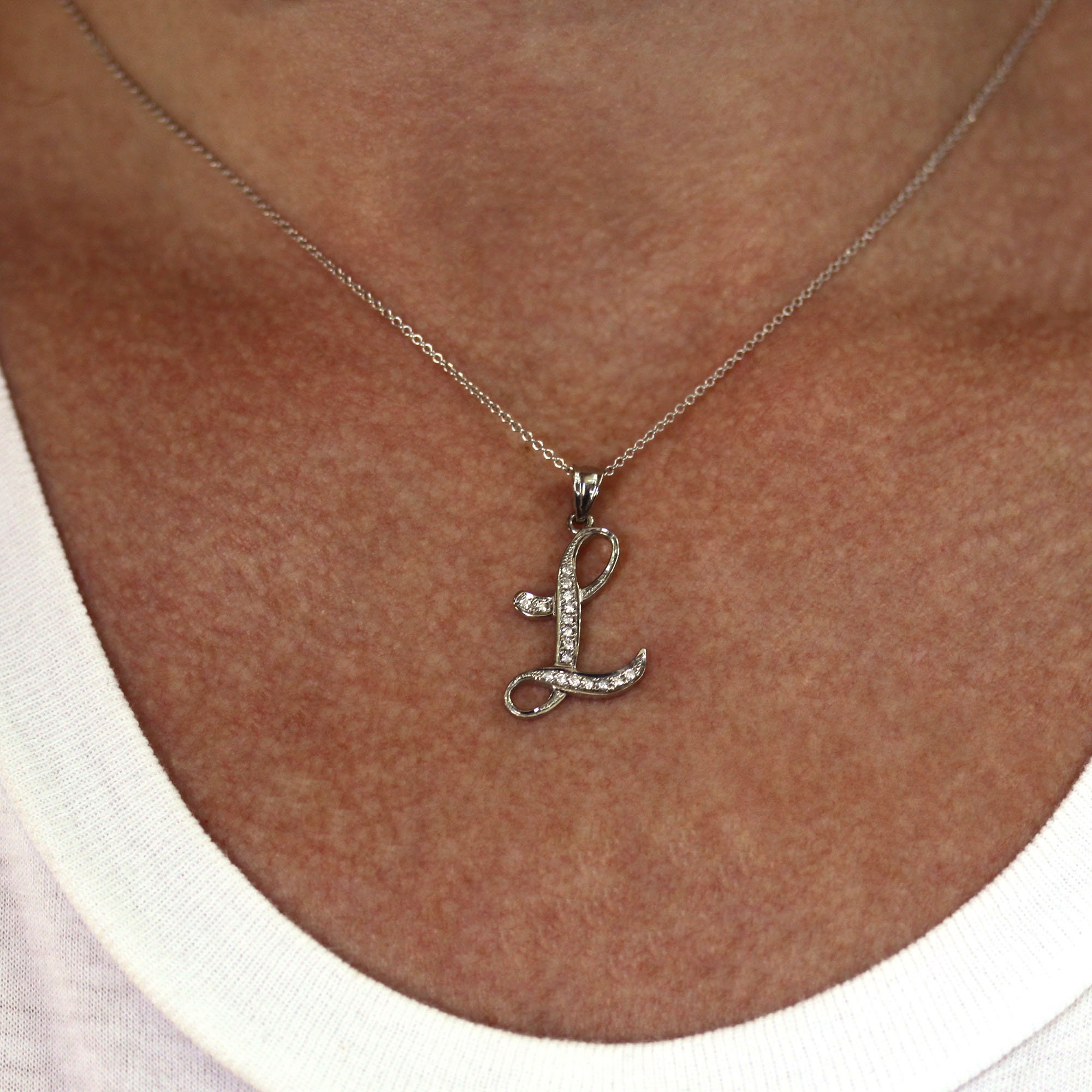 Solid 14k Gold Letter L Pendant / Initial Pendant / 0.1 Ctw