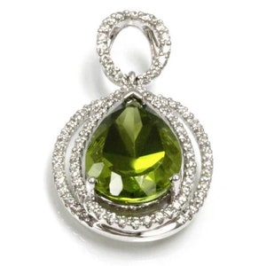 8 ctw Natural Green Peridot & Diamond Tear Drop Pendant / Double Halo Pendant 32 MM/ Solid 14k 18k Gold/ Pear Cut Peridot/ August Birthstone