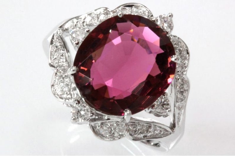 4.8 ctw Natural Pink Tourmaline & Diamond Ring / Big Cocktail Ring / Solid 14k 18k Gold / Split Shank Statement Ring / October Birthstone image 1