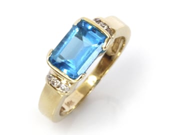 1 ctw Natural Blue Topaz & Diamond Ring / Emerald Cut Topaz / East West Set Rectangular Ring 6 MM / Solid 14k 18k Gold / November Birthstone