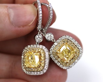 6 ctw Natural Yellow & White Diamond Dangle Earrings / Cushion Diamonds / Square Halo Earrings 35 MM / Solid 14k 18k Gold / Bezels on Sides
