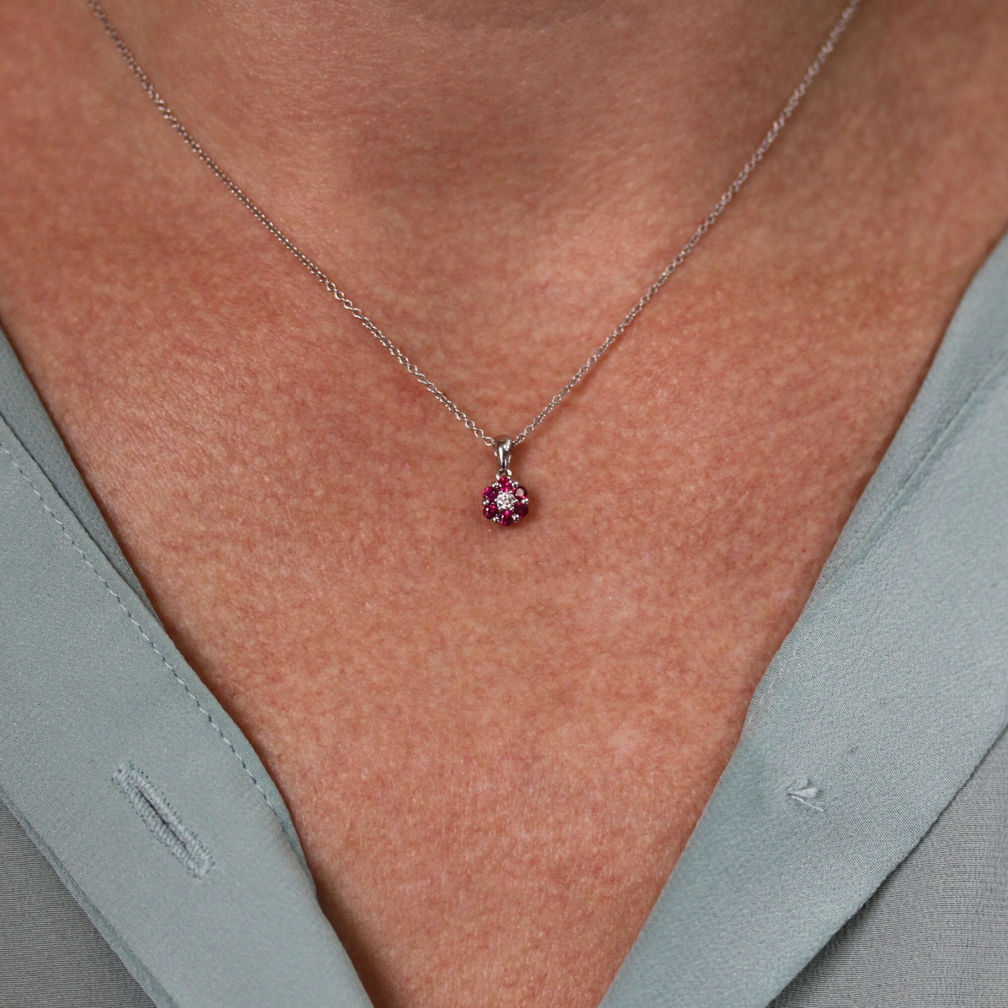 0.45 Ctw Natural Red Ruby & Diamond Flower Pendant / Tiny Drop