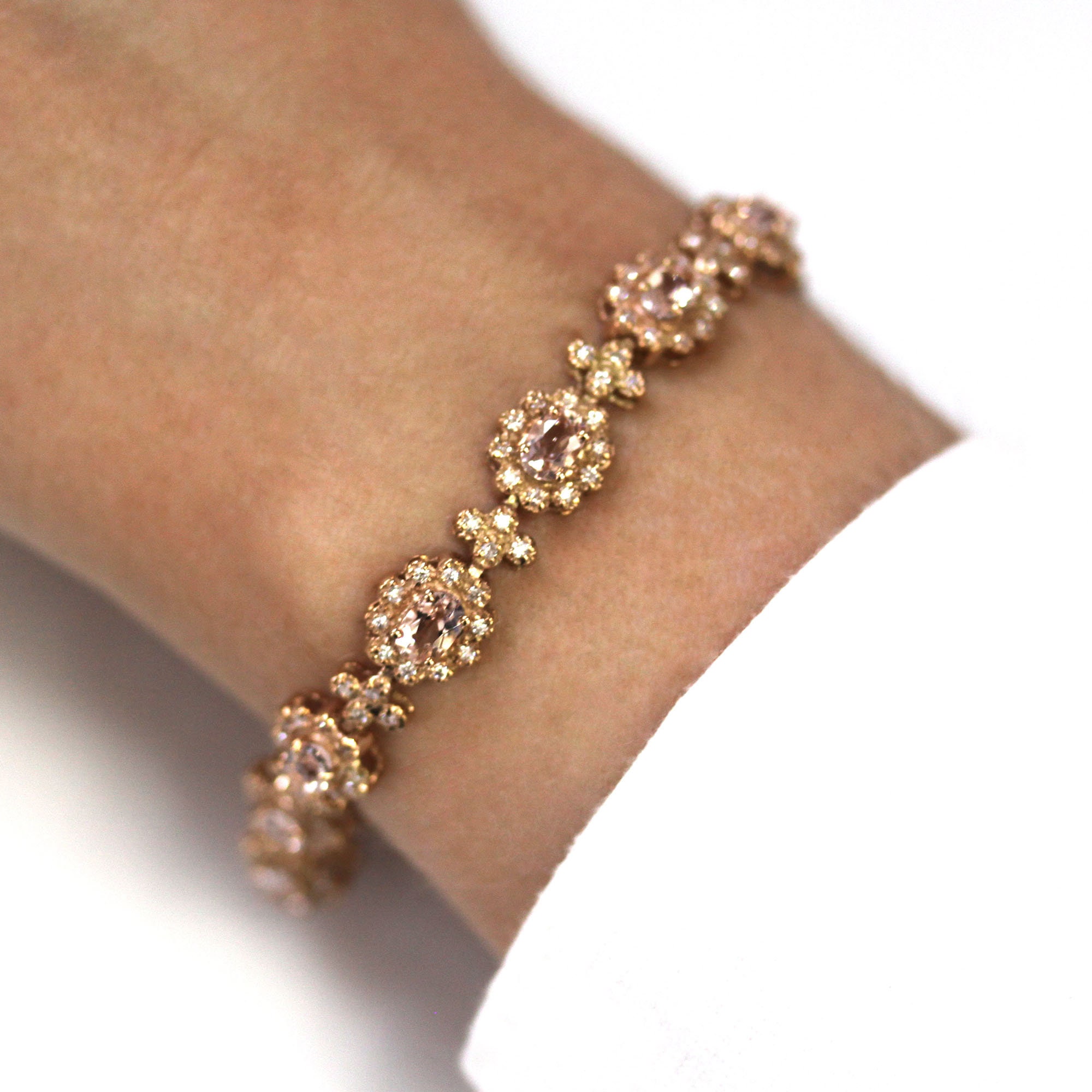 7.7 ctw Natural Peach Morganite & Diamond Tennis Bracelet / Oval Cut Morganites / Solid 14k 18k Gold / 6 to 8 Inches / Flower Halo Bracelet