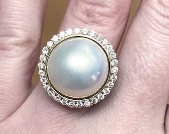 16 MM Cultured White Freshwater Pearl & 0.75 ct tw Natural Diamond Solid Gold Cocktail Ring | 14k 18k White Yellow Rose Gold Available