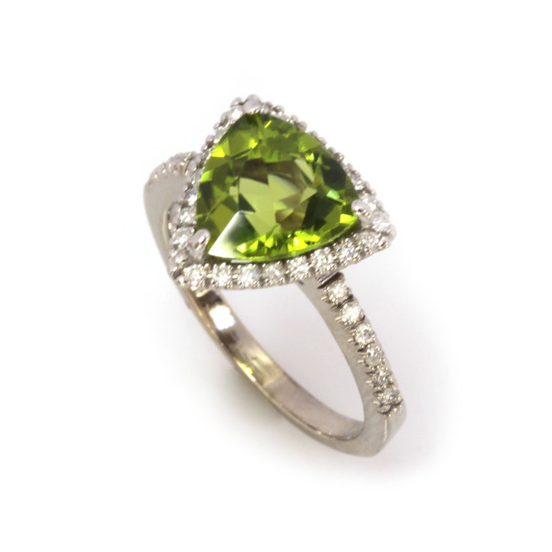 3.5 ctw Natural Green Peridot & Diamond Cocktail Ring / Halo Statement Ring / Solid 14k 18k Gold / Trillion Cut Peridot / August Birthstone image 3