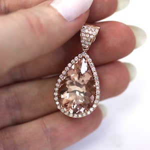 13.8 ctw Natural Peach Morganite & Diamond Pendant / Halo Tear Drop Pendant 35 MM / Solid 14k 18k Gold / Pear Cut Morganite / Birthday Gift
