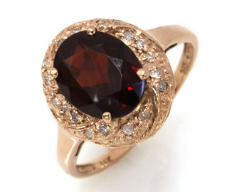 2.7 ctw Natural Red Garnet & Diamond Ring / Oval Cut Garnet Cocktail Ring / Solid 14k 18k Gold / Big Statement Ring / January Birthstone