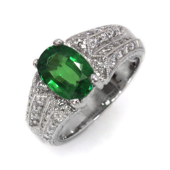 2.4 ctw Natural Green Tsavorite Garnet & Diamond Ring / 950 Platinum Ring / Solitaire Engagement Ring / Carved Band / January Birthstone