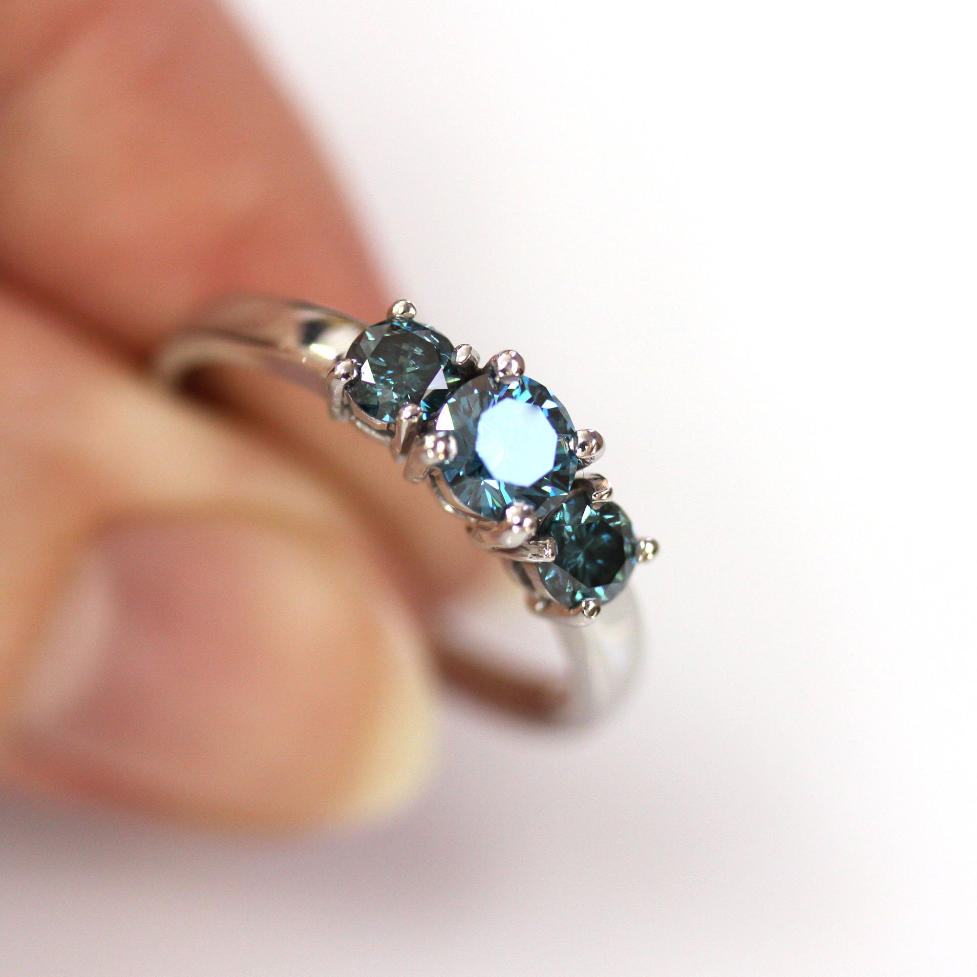 1 Ctw Natural Blue Diamond 3 Stone Engagement Ring / Solid 14k - Etsy