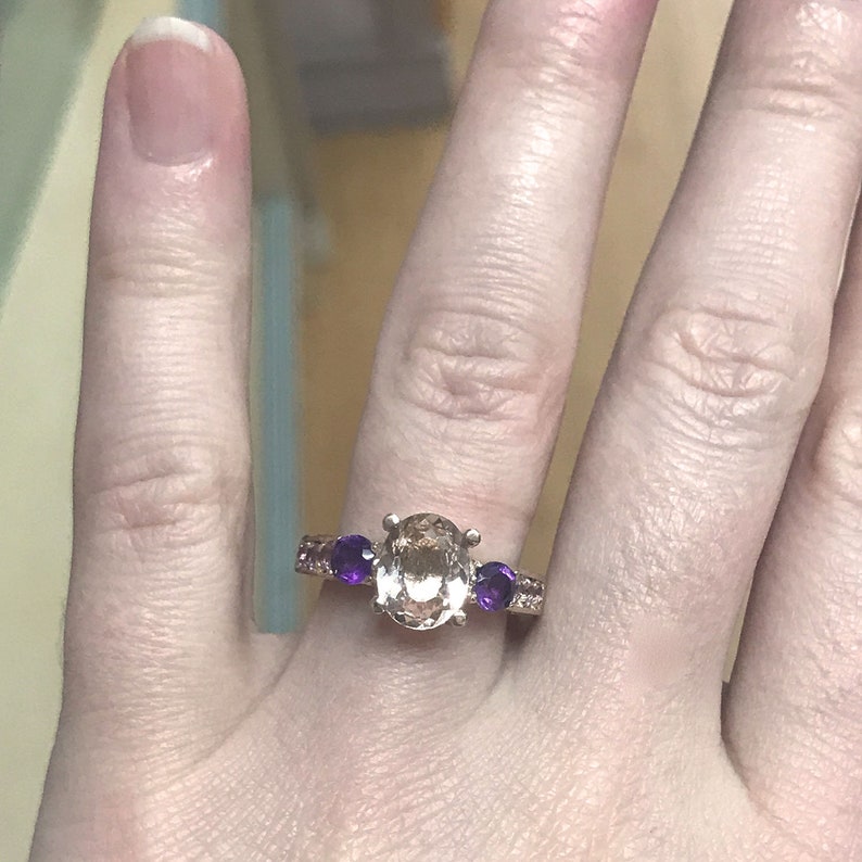 2.6 ctw Natural Morganite, Amethyst, Sapphire & Diamond Promise Ring / 3 Stone Engagement Ring / Solid 14k 18k Gold / Pastel Multistone Ring image 4