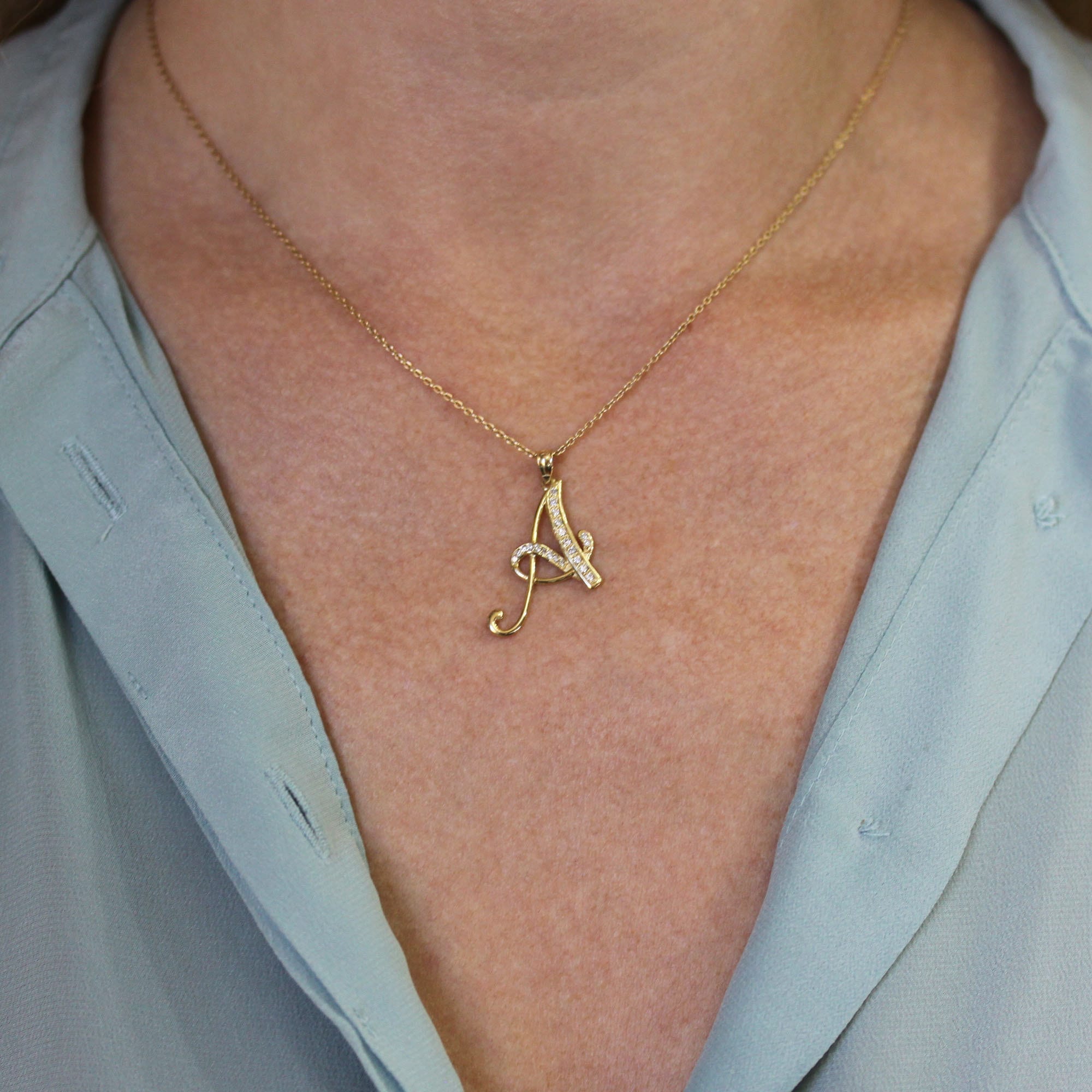 Solid 14k Gold Letter A Pendant / Initial Pendant / 0.2 ctw Etsy