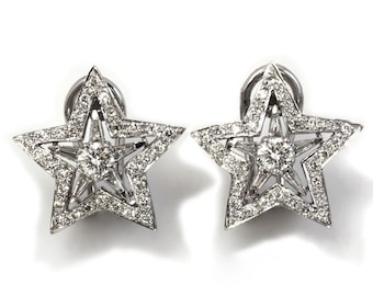 1.25 ctw Natural Diamond Star Earrings / Solid 14k 18k Gold / Big Statement Earrings 19 MM / Omega Back Halo Earrings / Celestial Jewelry