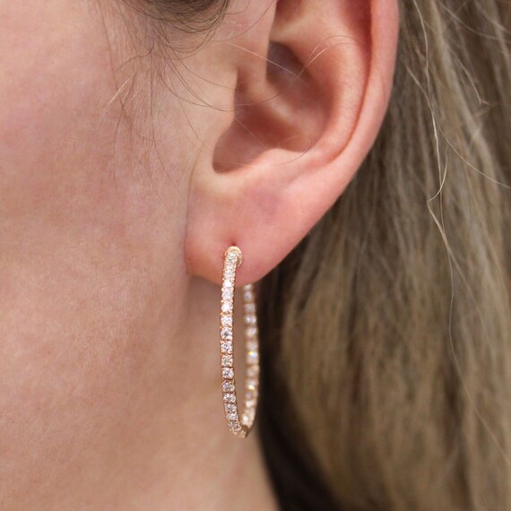 1.5 Ctw Natural Diamond Hoop Earrings Inside Outside Hoops 35 MM