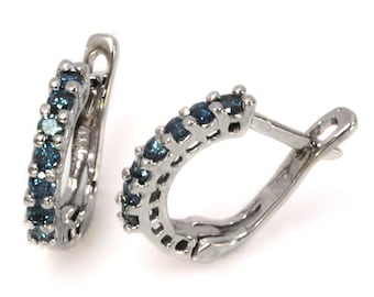 0.4 ctw Natural Blue Diamond 7 Stone Semi Hoop Earrings / Solid 14k 18k Gold / Thin Hoops 12 MM / Dainty Latch Back Earrings / Birthday Gift
